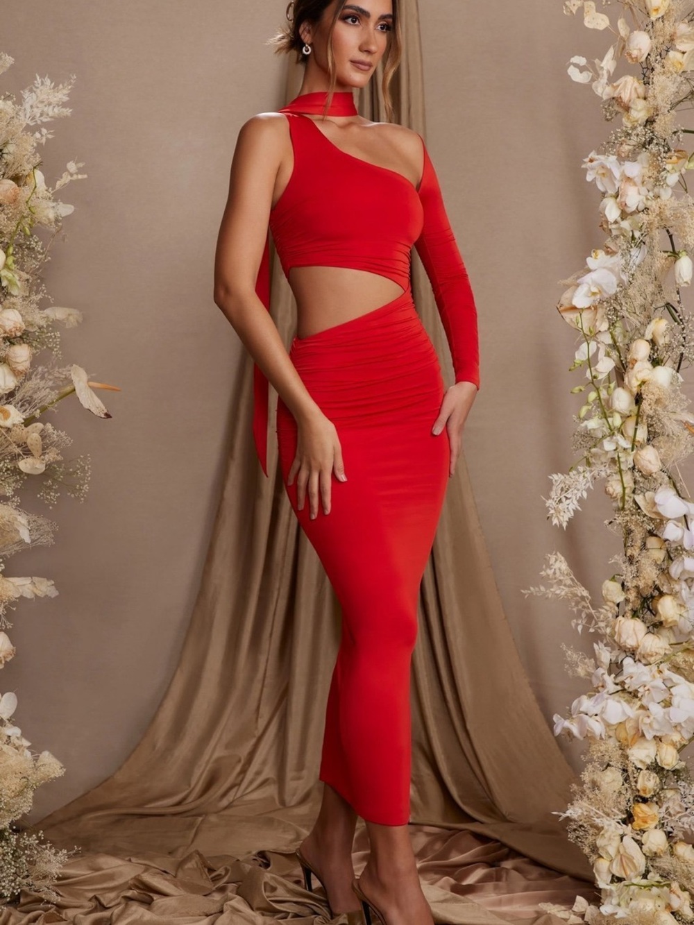 Oh Polly Red Asymmetrical One-Sleeve Cutout Midi Dress